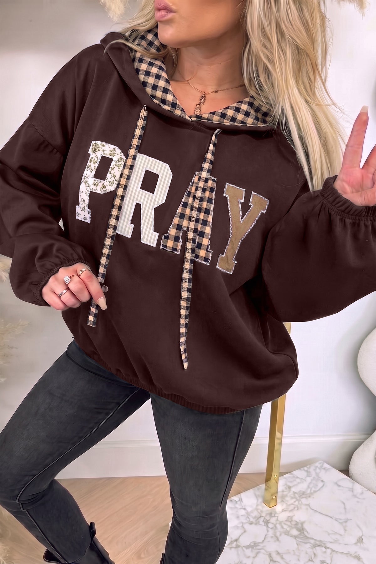 Cali Chic Women's Sweatshirt PRAY Mix Pattern Letter Graphic Plaid Contrast Drawstring Hoodie