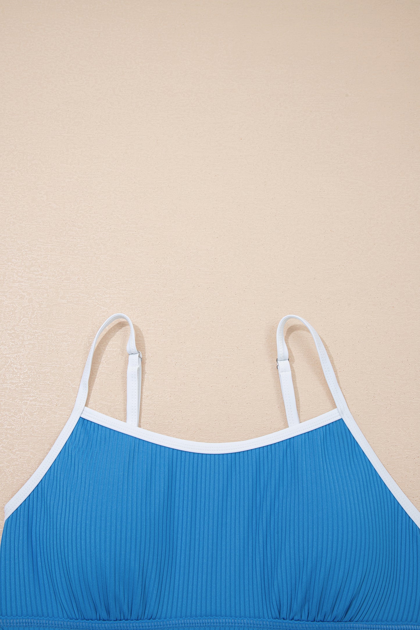 Dusk blue Cali Chic women’s ribbed swim dress with color block edges, pocket details, and lined design from Dear-Lover.