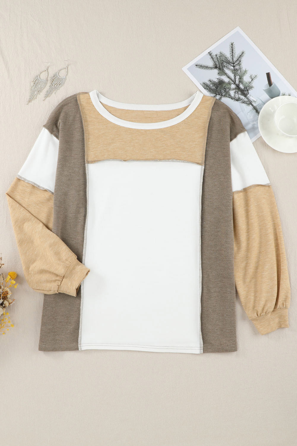 Cali Chic Khaki Exposed Seam Color Block Patchwork Top
