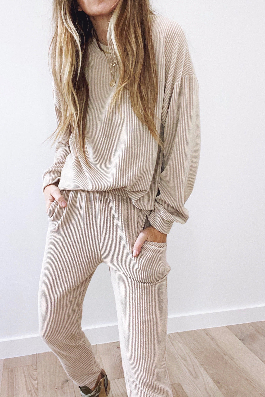 Cali Chic Apricot Pocketed Drop Shoulder Corded Sweat Suit