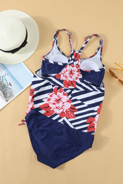 Blue Floral Printed Lined Tankini Swimsuit