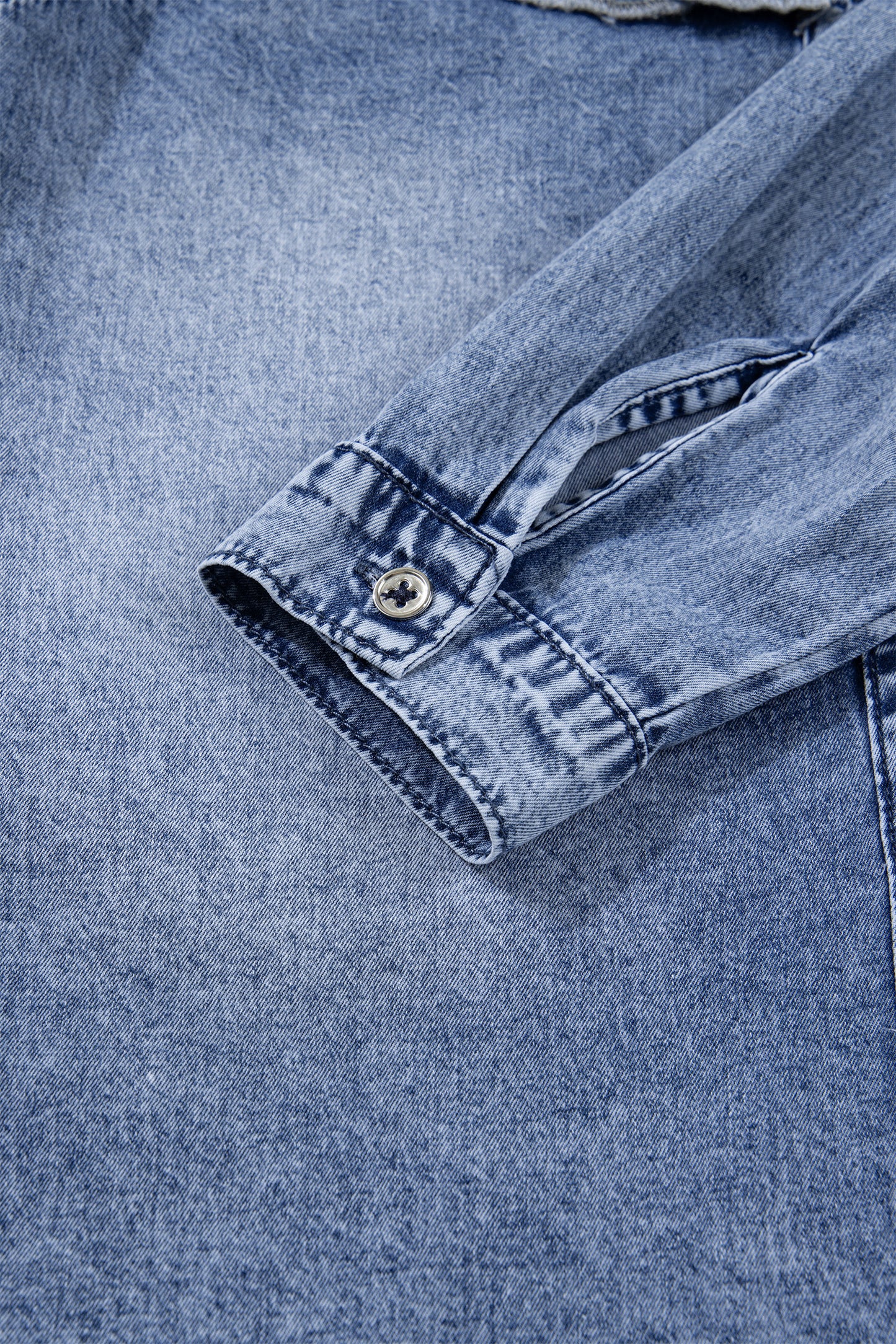 Cali Chic Women Top Dusk Blue Vintage Wash Denim Ruffle Detail Button Down Shirt - Cali Chic