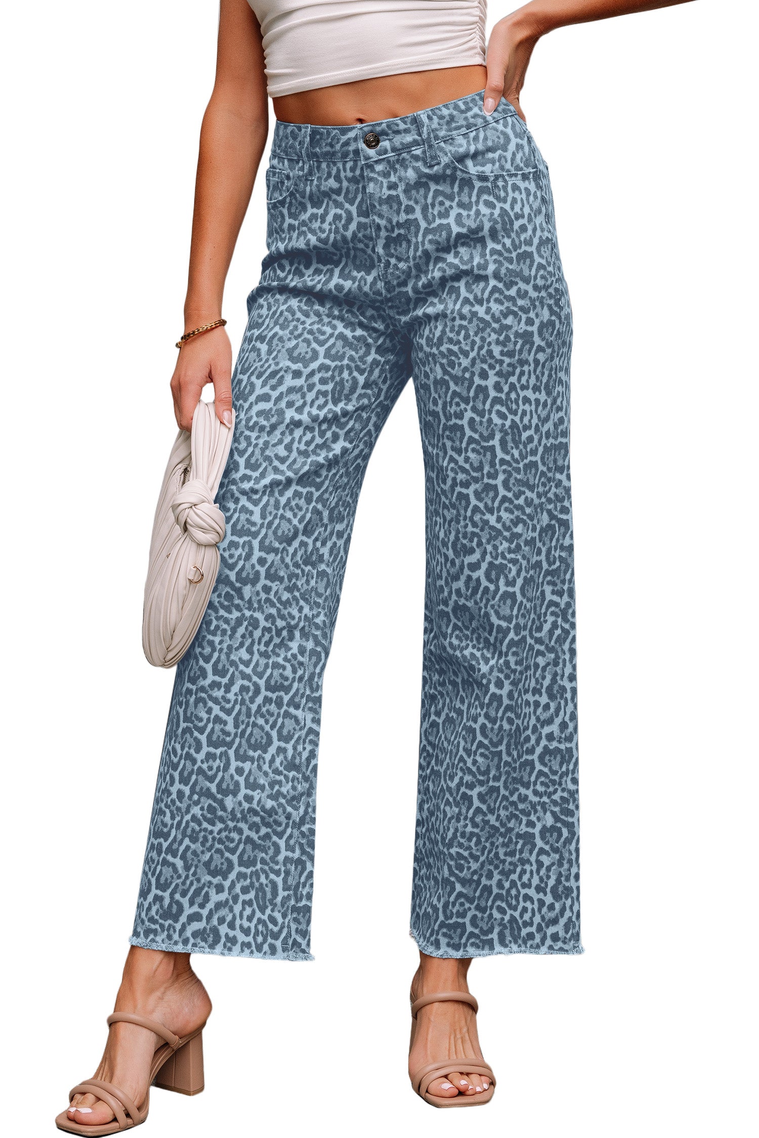 Cali Chic Women Pant Sky Blue Leopard Frayed Edge Wide Leg High Waist Jeans - Cali Chic