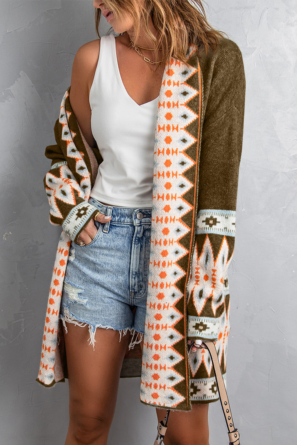 Brown Aztec Print Open Front Knitted Cardigan - Cali Chic