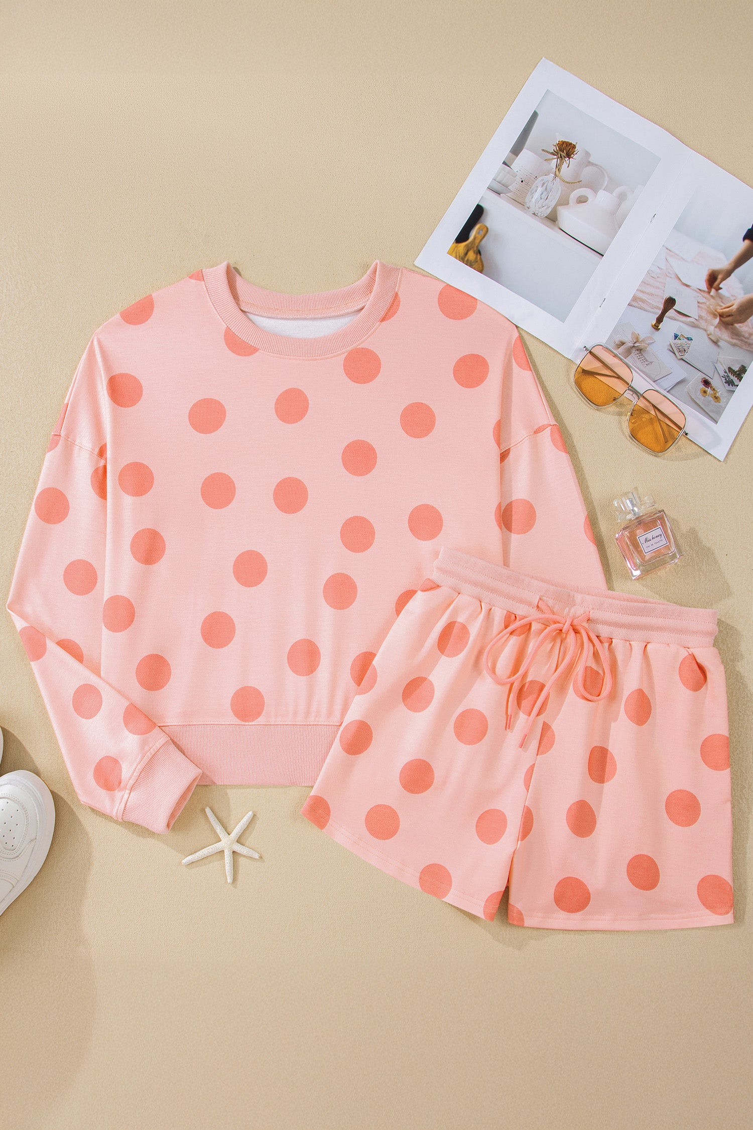Cali Chic Women Pink Polka Dot Print Drop Shoulder Pullover Drawstring Shorts Set - Cali Chic