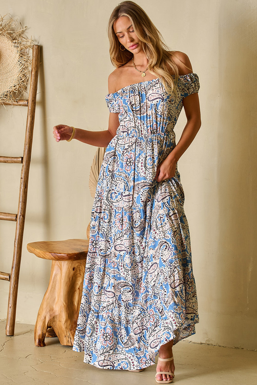 Blue Boho Paisley Print Off Shoulder Maxi Dress