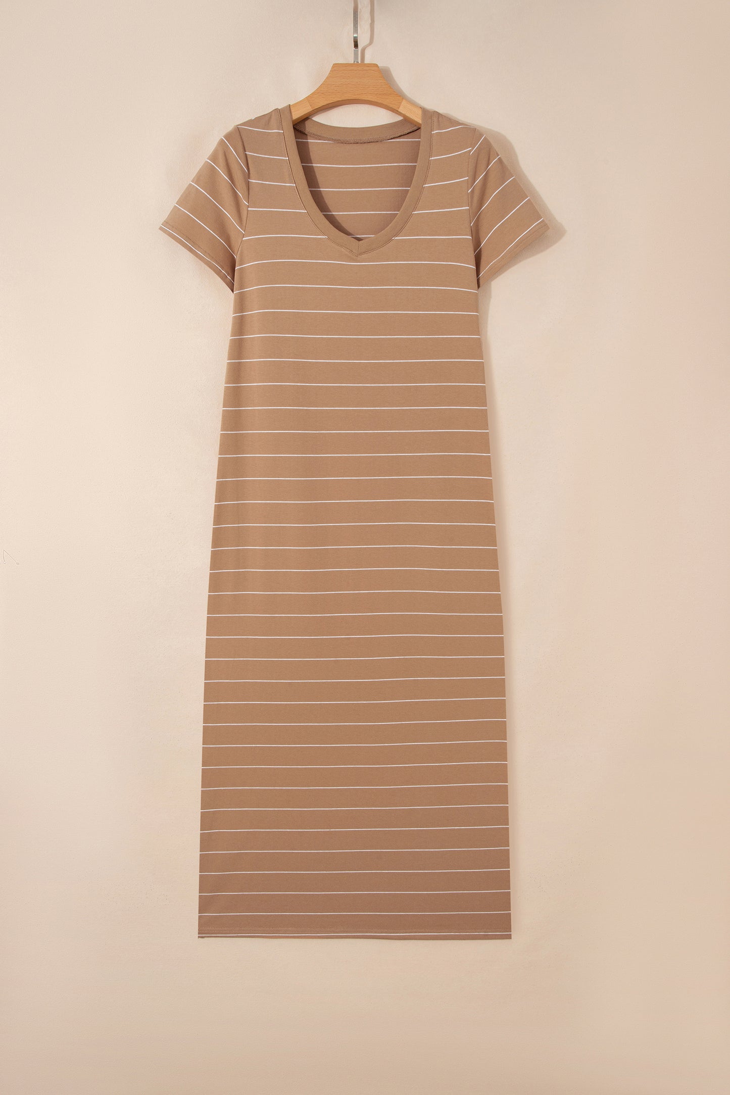 Cali Chic Women Dress Khaki Stripe Casual Short Sleeve Side Slit Maxi T Shirt Dress - Cali Chic