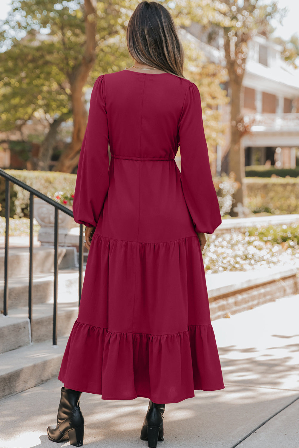 Cali Chic Women Dress Burgundy Solid Long Sleeve Button V Neck Tiered Maxi Dress - Cali Chic