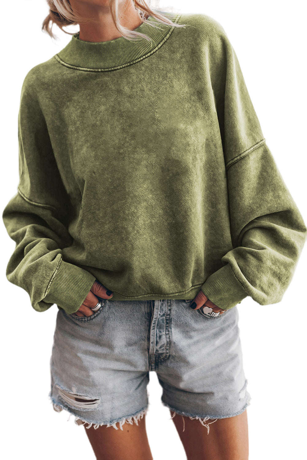 Cali Chic Women Green Drop Shoulder Crew Neck Pullover Sweatshirt