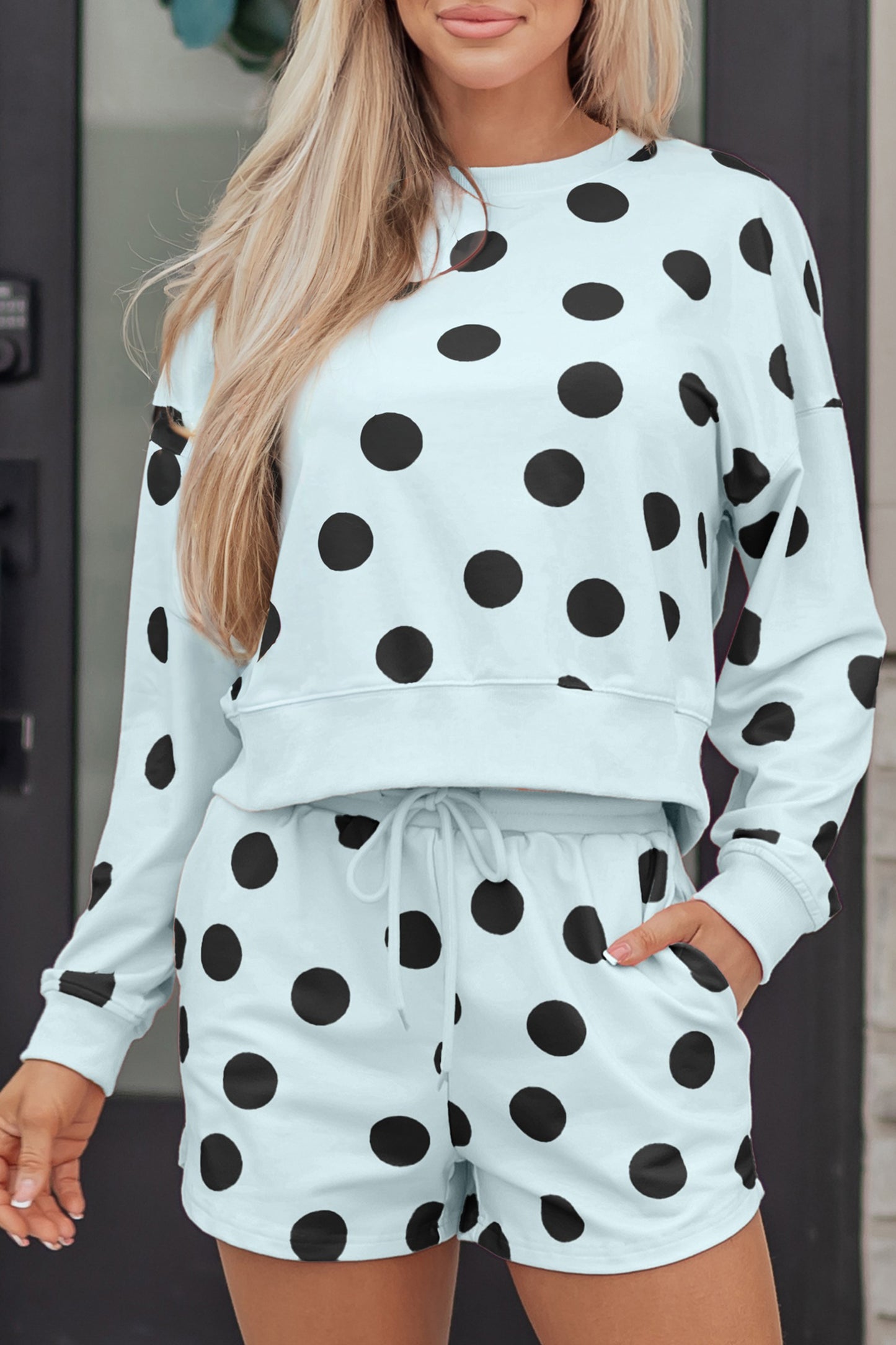 Sky blue polka dot print women's two-piece pullover and drawstring shorts set by Dear-Lover, casual and stylish summer outfit.