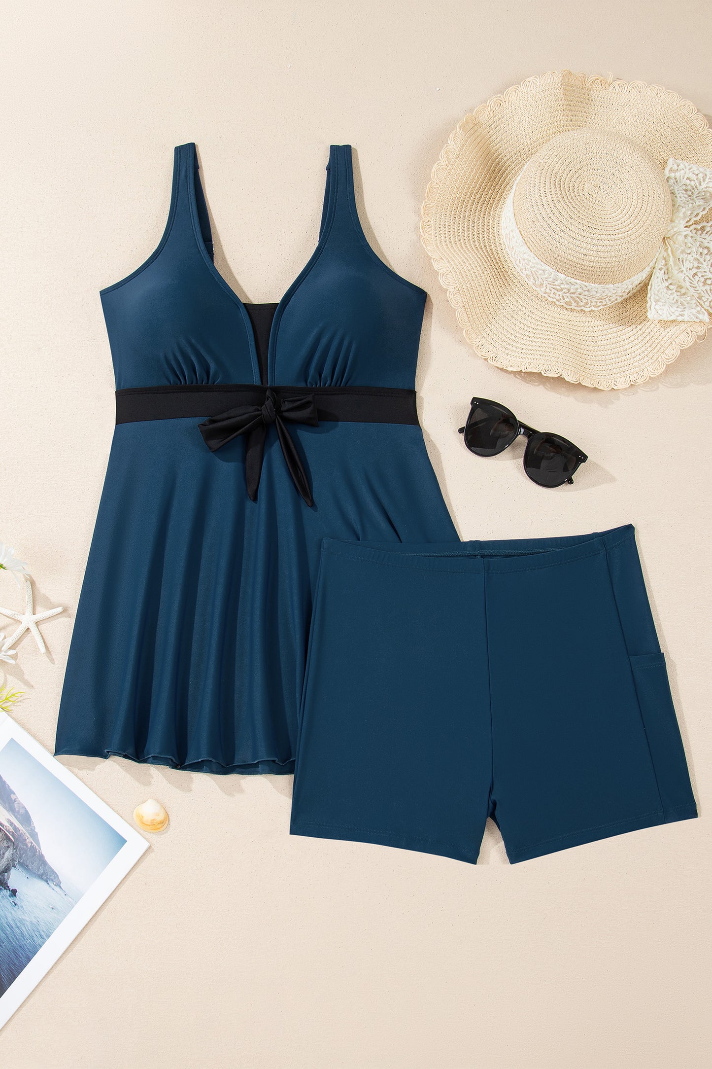 Cali Chic Women Swimsuit Sail Blue Color Block Patchwork Bow Knot Detail Sleeveless Swim Dress - Cali Chic