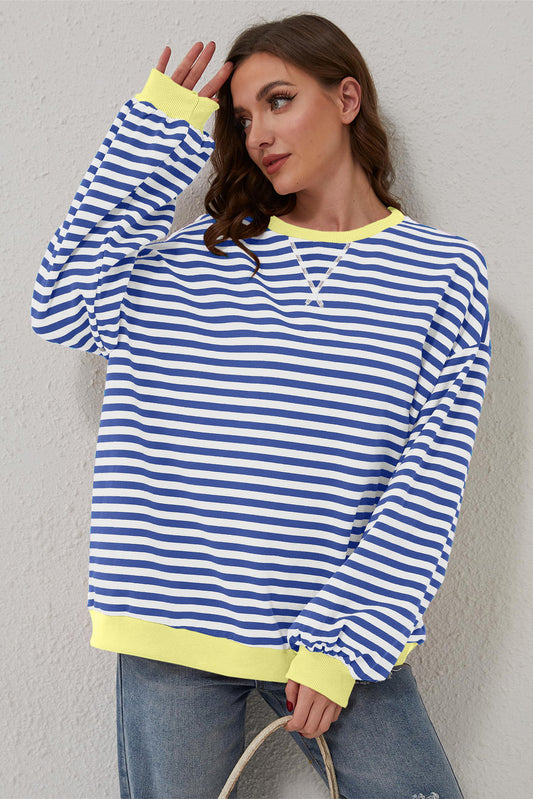 Cali Chic Women Sweatshirt Blue Stripe Oversized Contrast Trim Pullover Sweatshirt - Cali Chic
