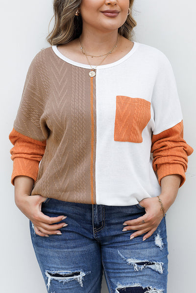 Chestnut Plus Size Color Block Textured Patchwork Top with Pocket