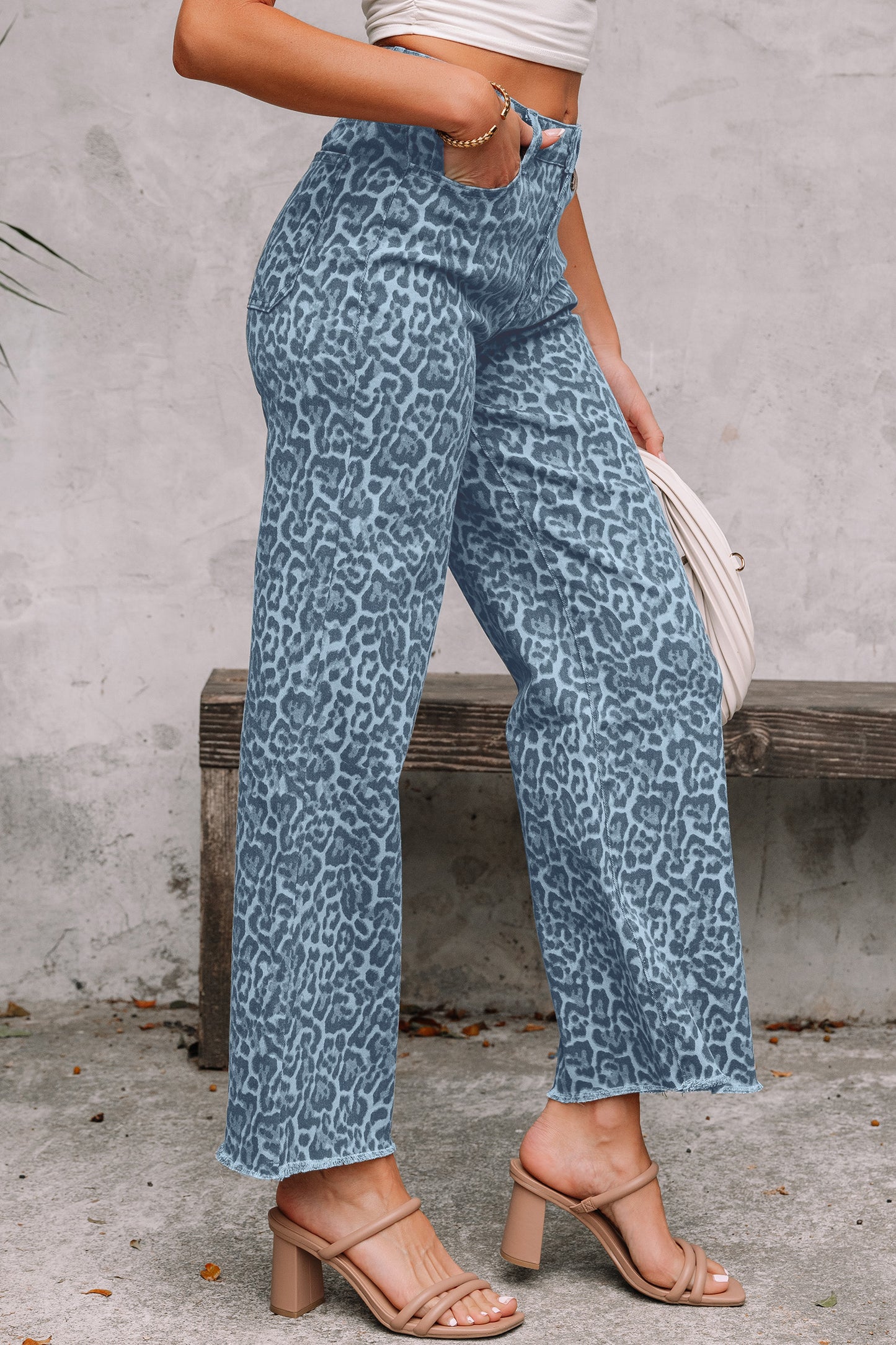 Cali Chic Women Pant Sky Blue Leopard Frayed Edge Wide Leg High Waist Jeans - Cali Chic
