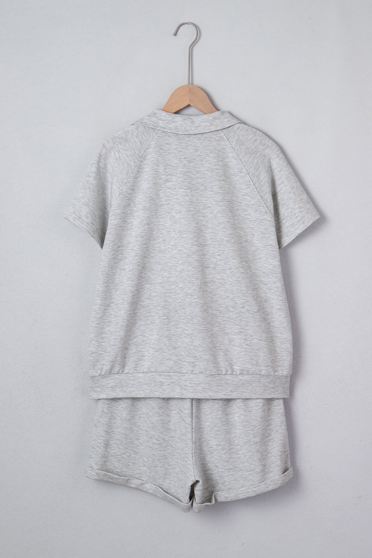 Cali Chic Women Short Light Grey Collared V Neck Tee Drawstring Elastic Waist Shorts 2pcs Outfit - Cali Chic