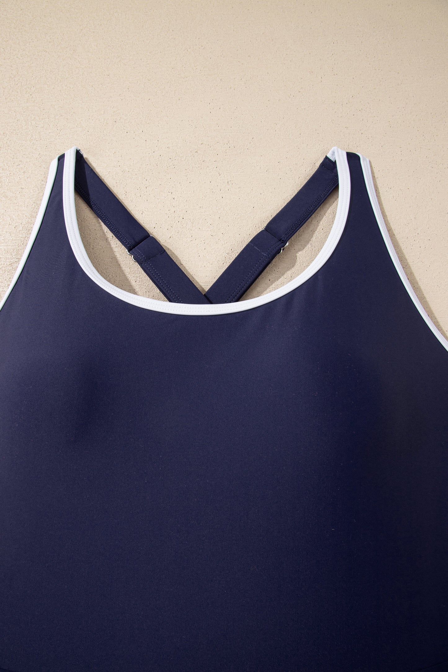 Cali Chic Women Swimsuit Navy Blue Contrast Edge Ruffled High Waist One Piece Swim Dress - Cali Chic