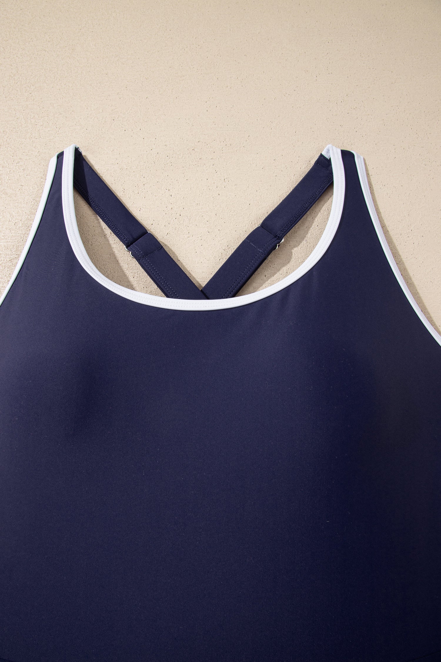 Cali Chic Women Swimsuit Navy Blue Contrast Edge Ruffled High Waist One Piece Swim Dress - Cali Chic