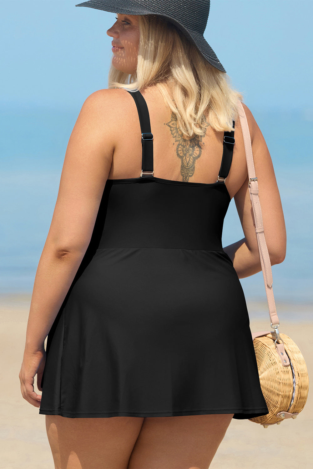 Black Solid Color Square Neck Knotted Plus Size One Piece Swimsuit - Cali Chic