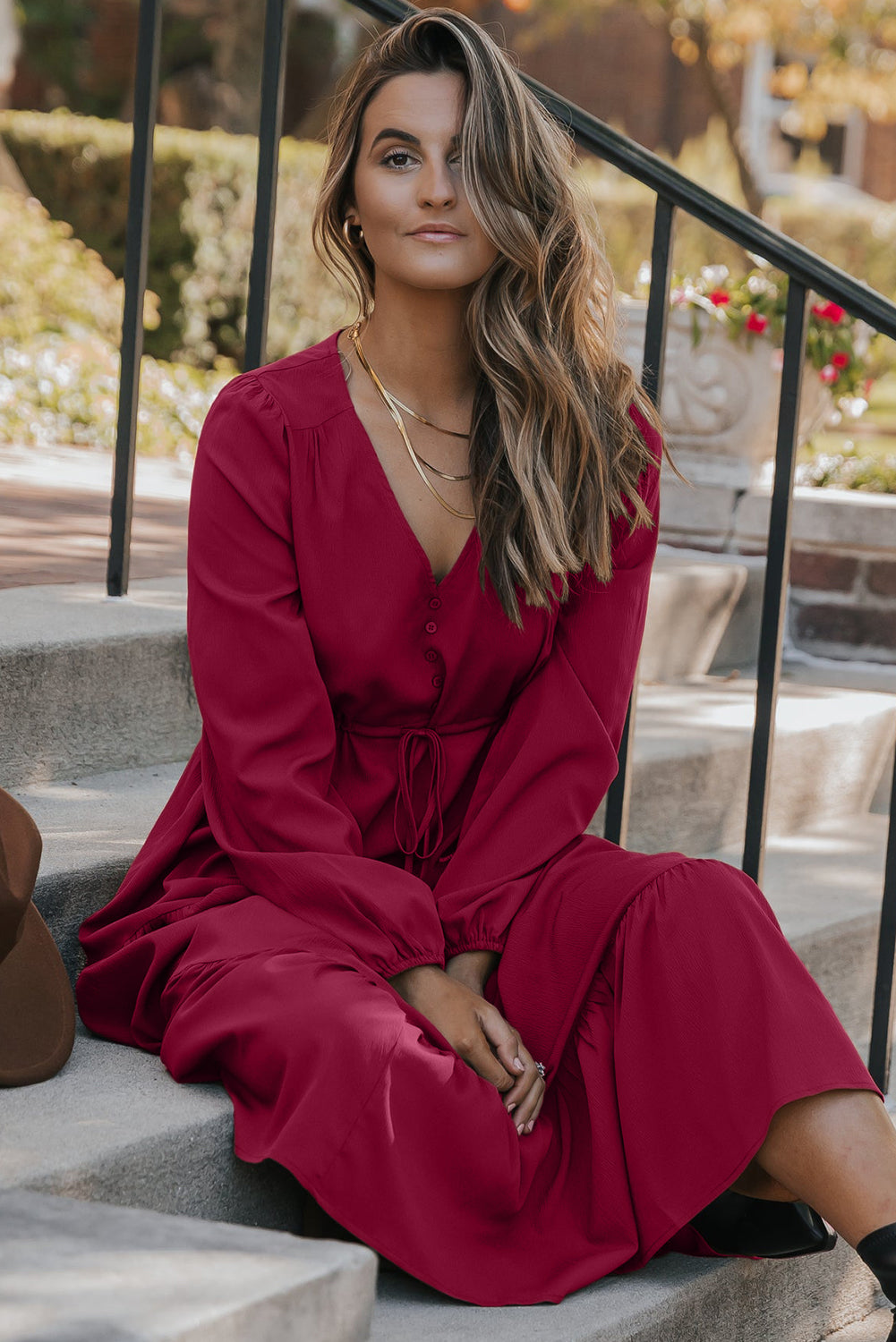 Cali Chic Women Dress Burgundy Solid Long Sleeve Button V Neck Tiered Maxi Dress - Cali Chic
