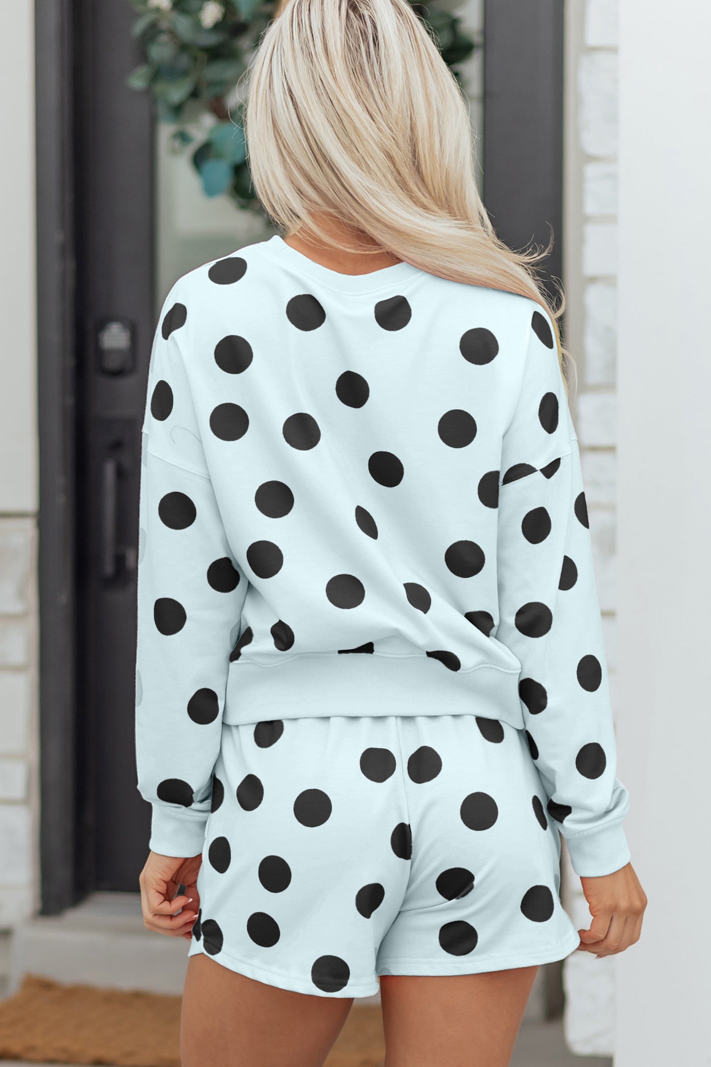 Dear-Lover sky blue polka dot women's two-piece pullover and drawstring shorts set, casual and stylish for summer wear