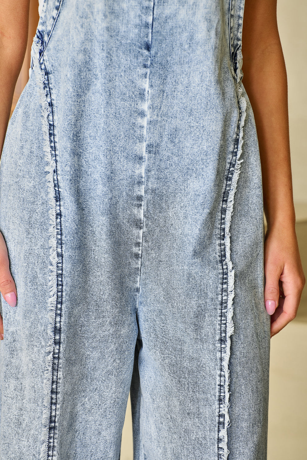 Cali Chic Women Pants Beau Blue Light Wash Frayed Exposed Seam Wide Leg Denim Overall - Cali Chic