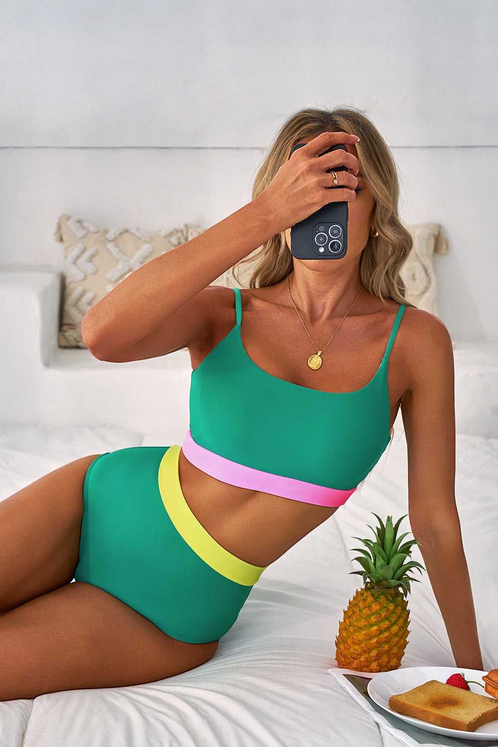 Cali Chic Women Swimsuit Sea Green Contrast Trim Colorblock Patchwork High Waisted Bikini - Cali Chic