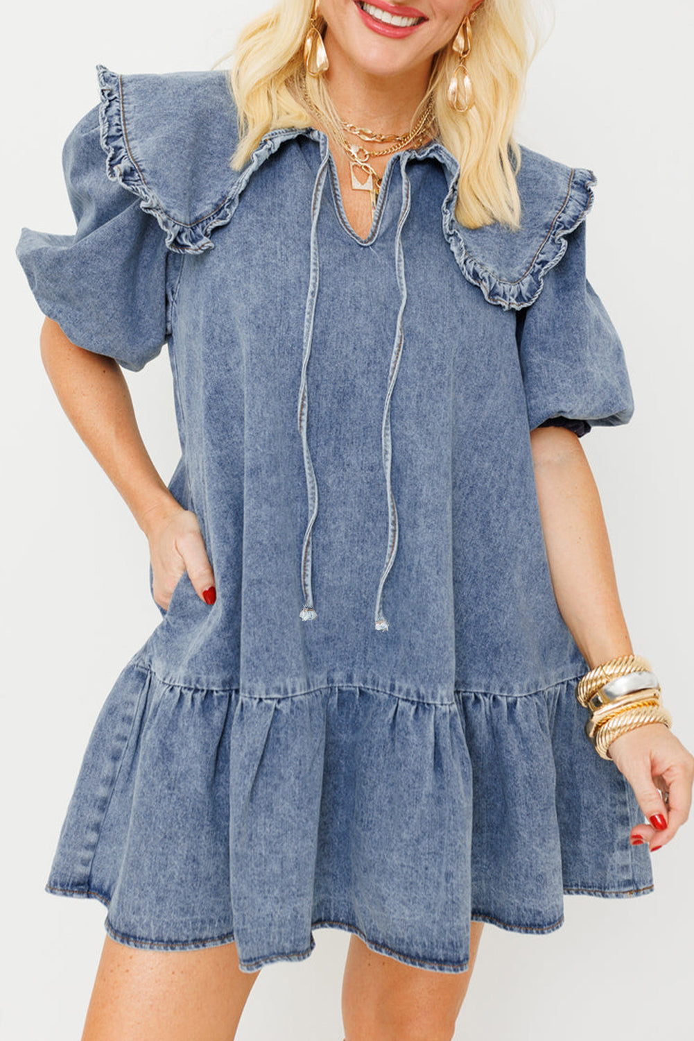 Cali Chic Women Dress Dusk Blue Ruffled Collared Side Pockets Puff Sleeve Denim Mini Dress - Cali Chic