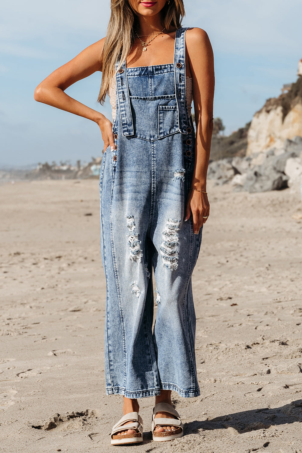 Cali Chic Women Pants Stone Blue Distressed Bib Pocket Wide Leg Denim Overall - Cali Chic
