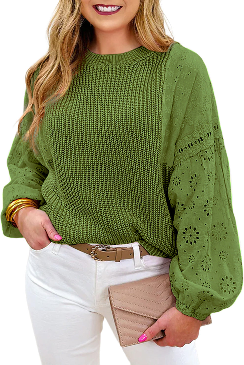 Green Eyelet Drop Shoulder Patchwork Pullover Sweater