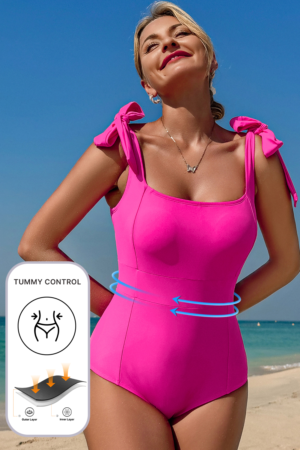 Cali Chic Women Swimsuit Rose Red Square Neck Knotted Shoulder Open Back One Piece Swimsuit - Cali Chic