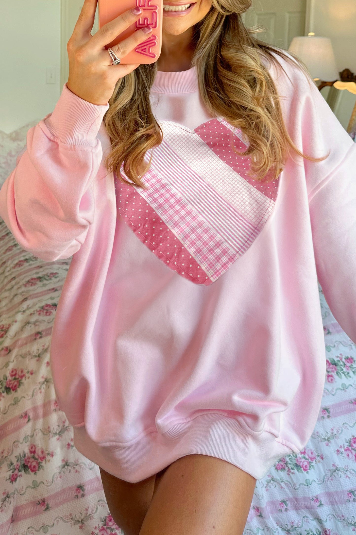 Cali Chic Women Sweatshirt Light Pink Sweetheart Patchwork Oversize Sweatshirt - Cali Chic