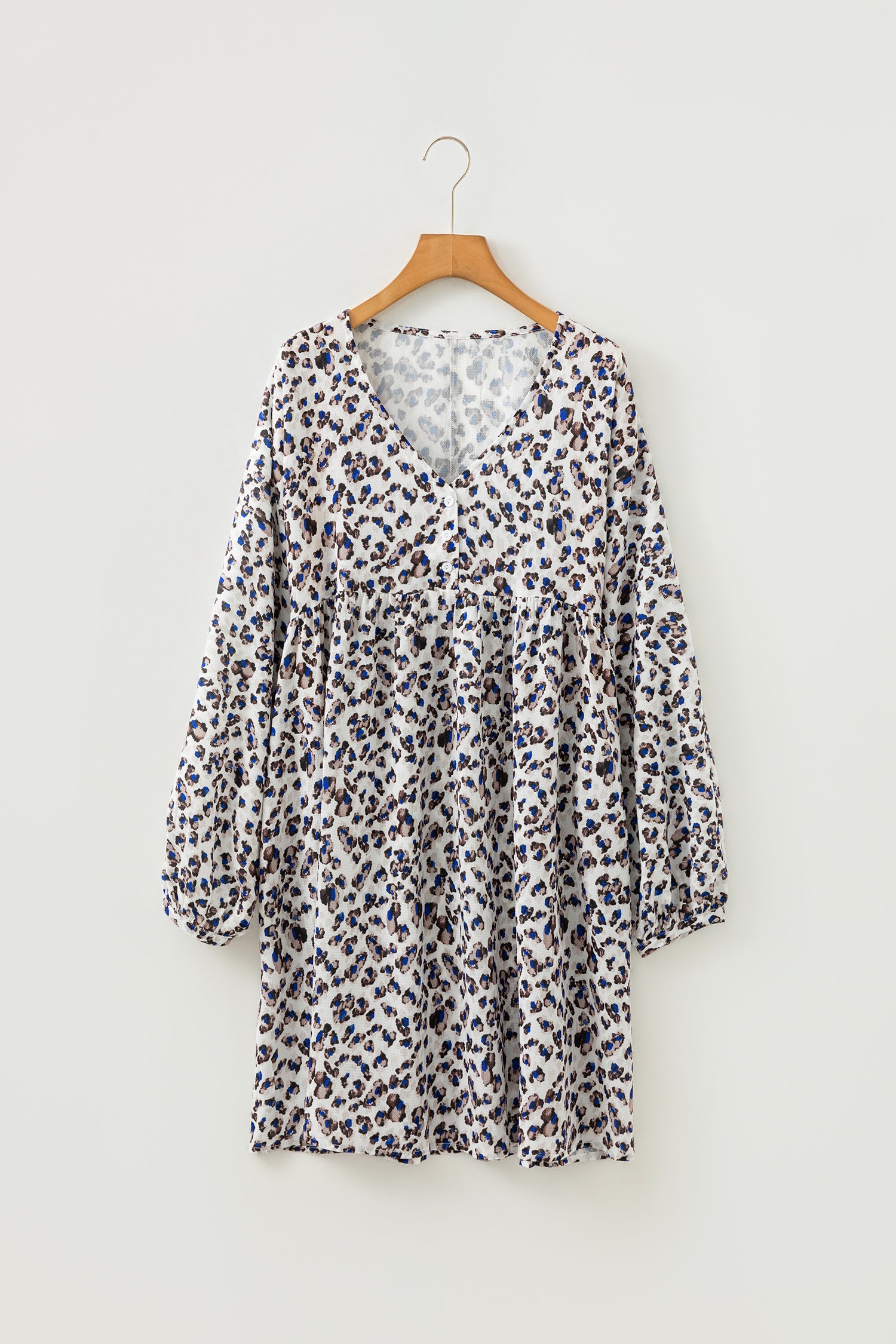 Cali Chic Women Dress Leopard Print V Neck Button Detail Long Sleeve Mini Dress - Cali Chic