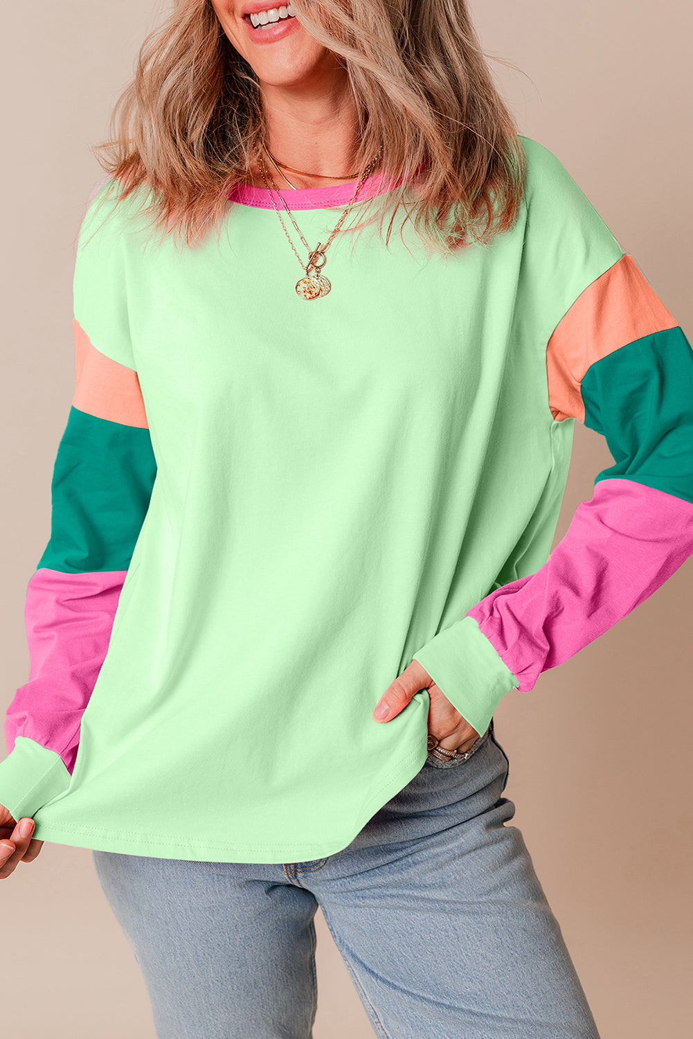 Cali Chic Women Sweatshirt Green Color block Patchwork Long Sleeve Loose Top