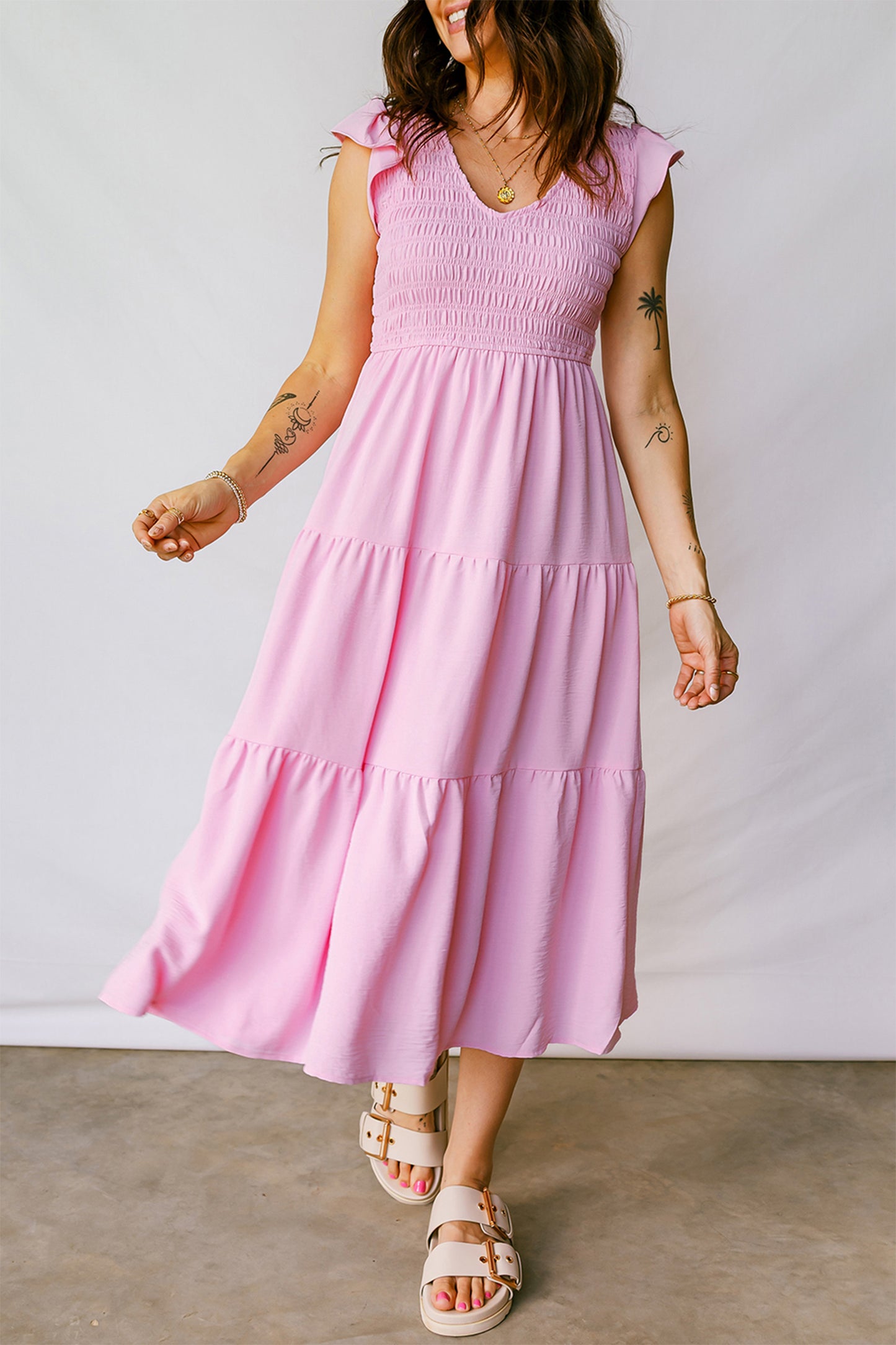 Cali Chic Women Dress Pink Smocked Bodice Flutter Sleeve Fit Flare Tiered Midi Dress - Cali Chic