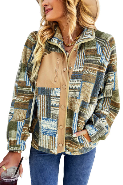 Cali Chic Khaki Western Colorblock Snap Buttoned Sherpa Jacket