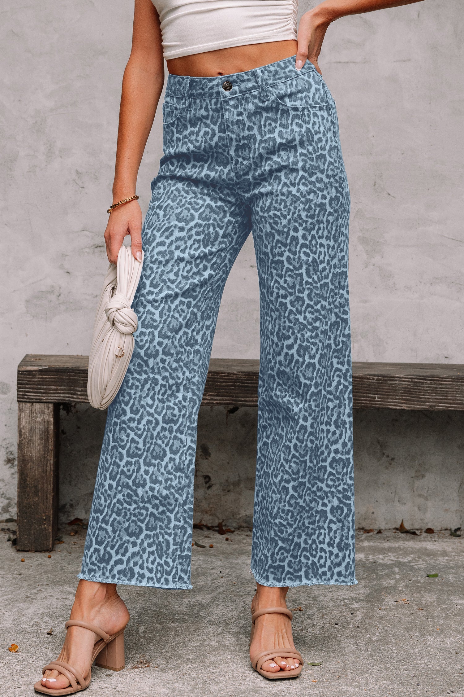 Cali Chic Women Pant Sky Blue Leopard Frayed Edge Wide Leg High Waist Jeans - Cali Chic