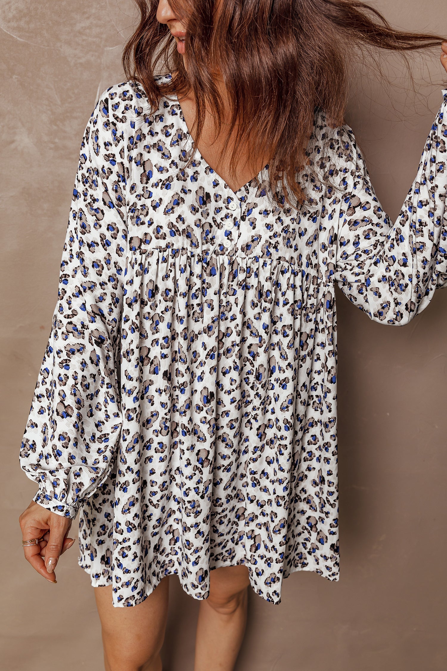 Cali Chic Women Dress Leopard Print V Neck Button Detail Long Sleeve Mini Dress - Cali Chic