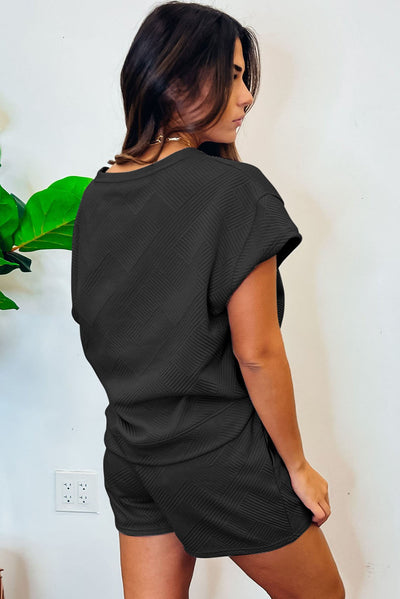 Cali Chic Black 2pcs Solid Textured Drawstring Shorts Set