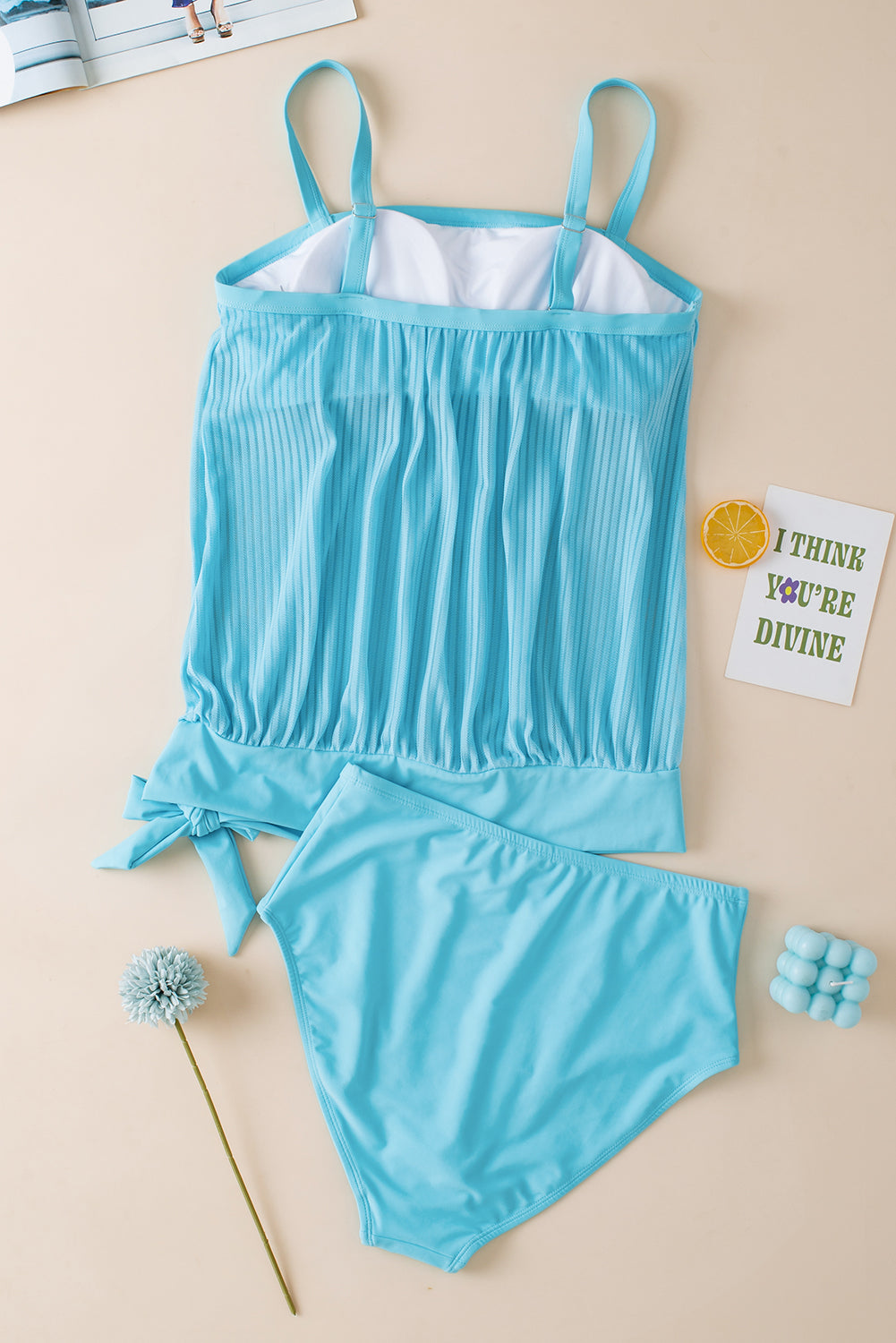 Cali Chic Swimsuit Turquoise Striped Mesh Knotted Hem Tankini Swimsuit