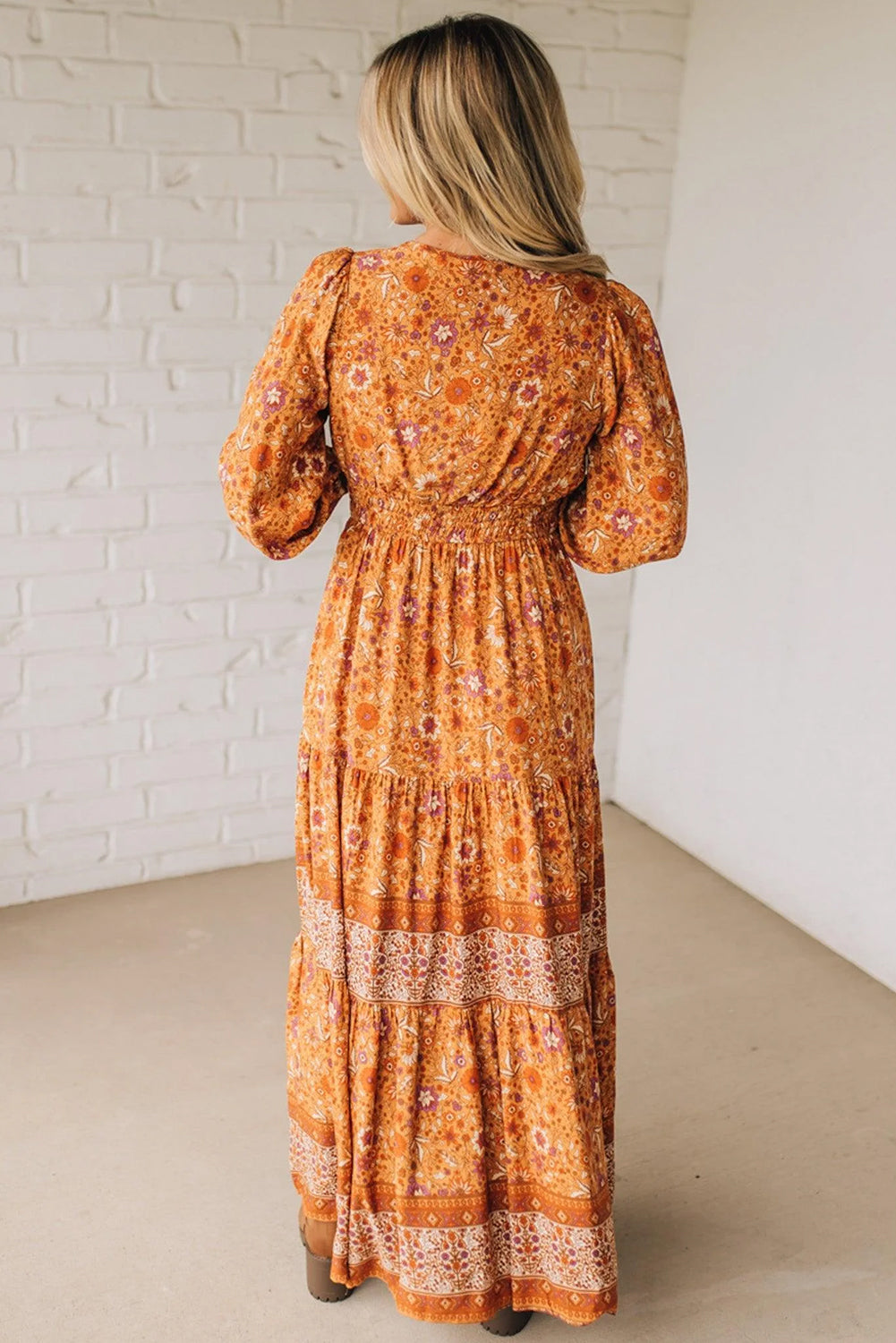 Cali Chic Women Dress Orange Floral Print Smocked Waist Long Sleeve Boho Maxi Dress - Cali Chic