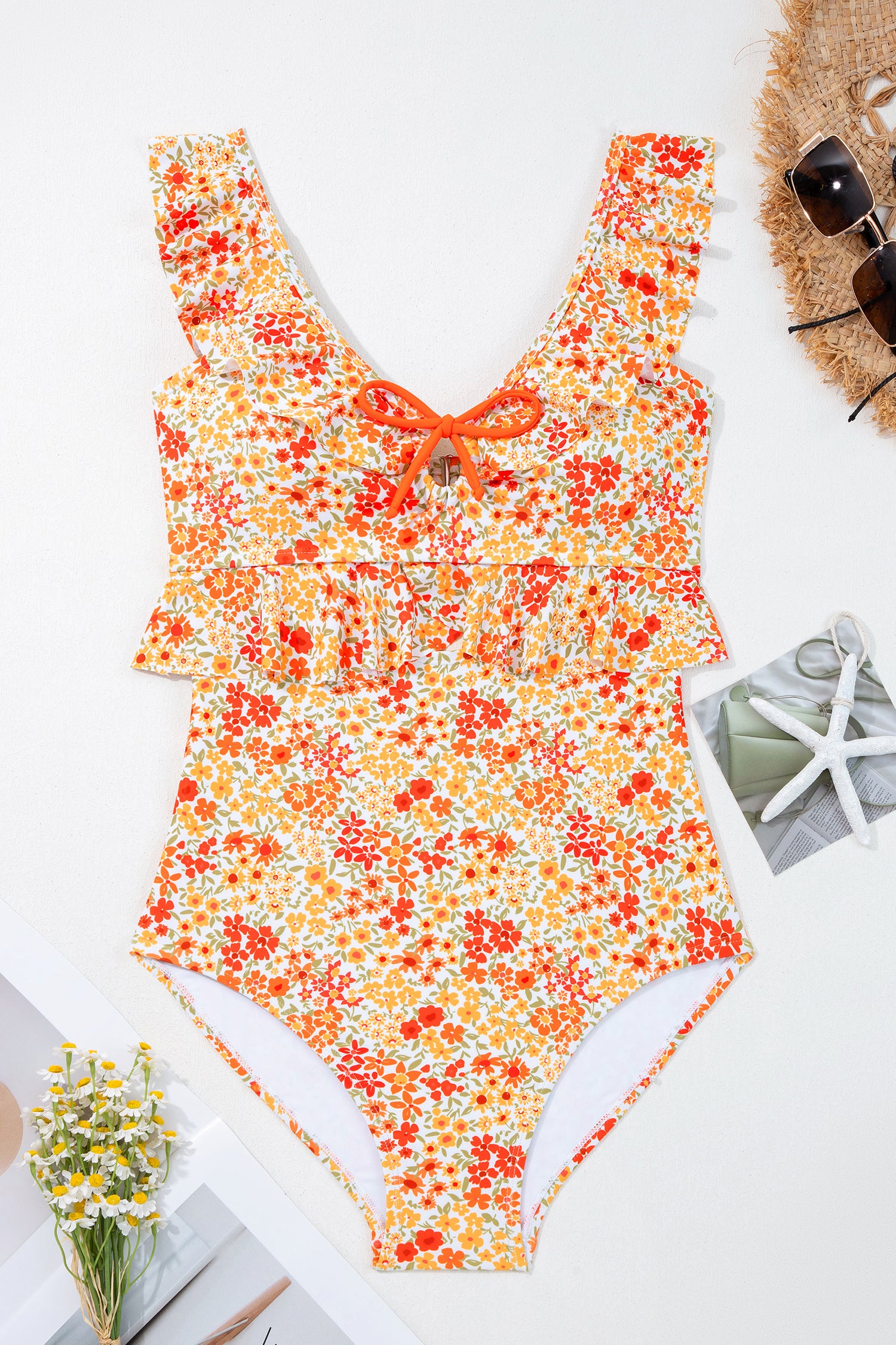 Orange Ruffled Trim Keyhole Accent Floral One Piece Swimsuit - Cali Chic