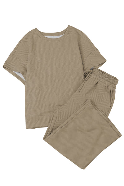 Cali Chic Apricot khaki Textured Loose Fit T Shirt and Drawstring Pants Set