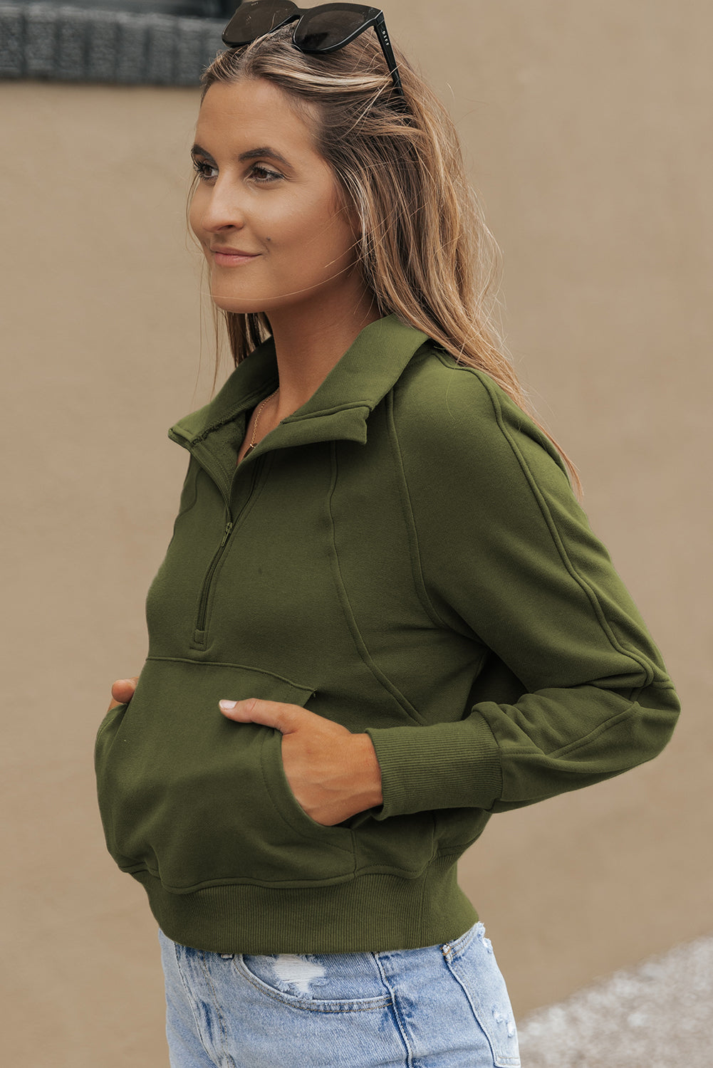 Cali Chic Green Zip Up Stand Collar Ribbed Thumbhole Sleeve Sweatshirt