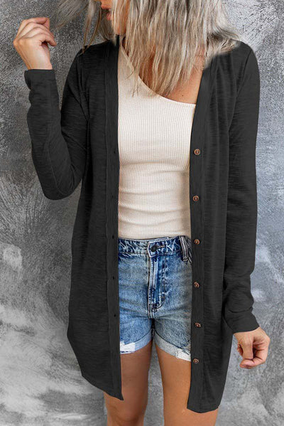 Cali Chic Black Solid Color Open Front Buttons Cardigan