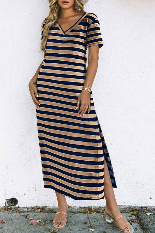Cali Chic Women Dress Black Stripe Print V Neck Maxi Dress with Side Splits - Cali Chic