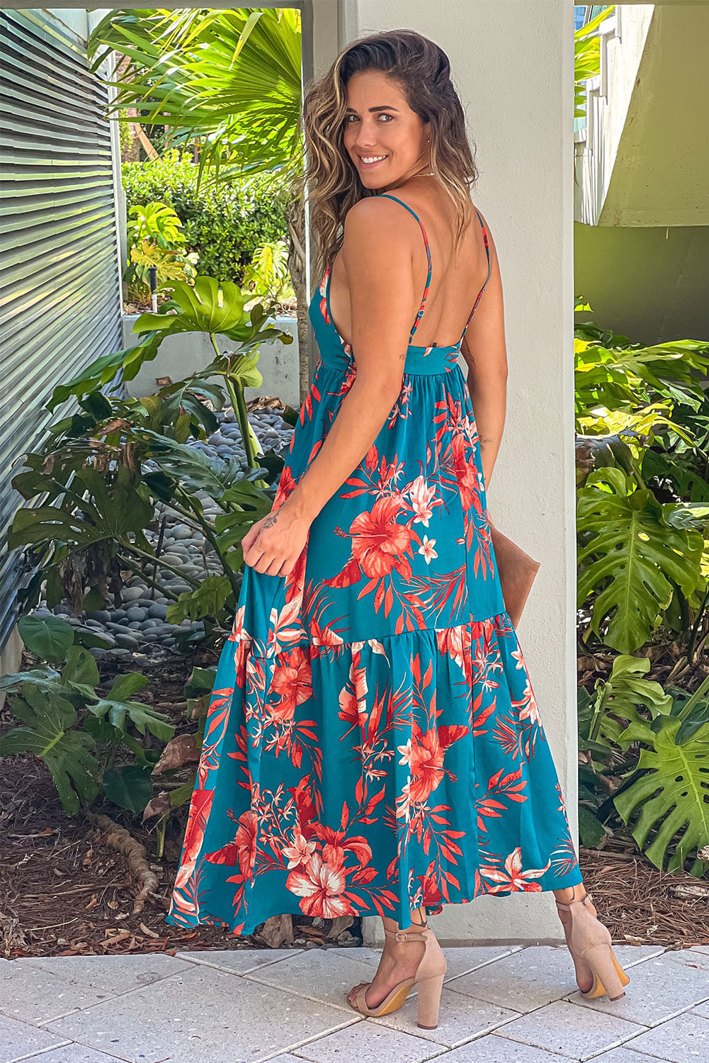 Cali Chic Sky Blue Strappy Open Back Floral Maxi Dress