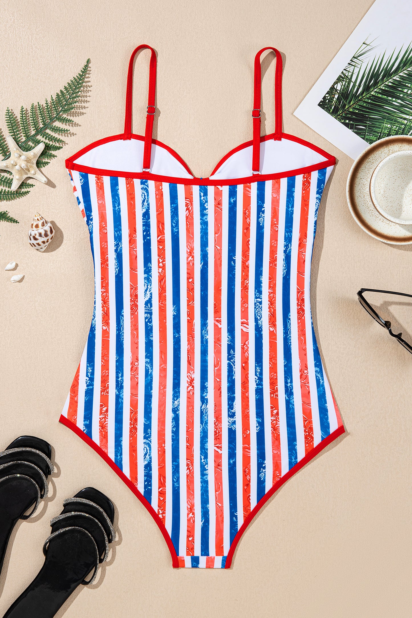 Cali Chic Women Swimsuit Stripes Star Floral Impression Cutout Spaghetti Straps One Piece Swimsuit - Cali Chic