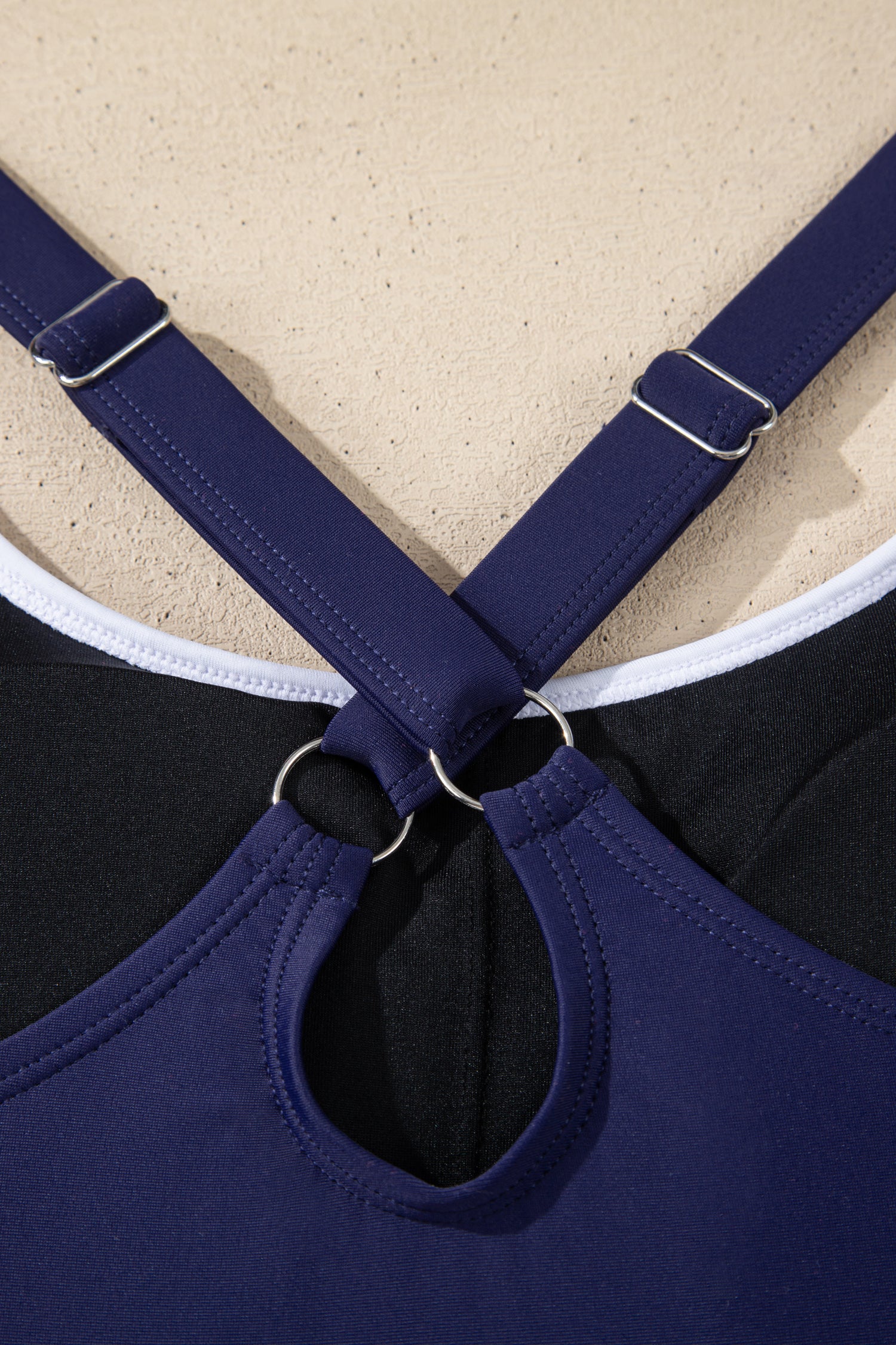 Cali Chic Women Swimsuit Navy Blue Contrast Edge Ruffled High Waist One Piece Swim Dress - Cali Chic