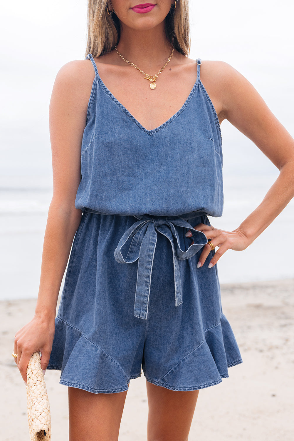 Cali Chic Women Romper Ashleigh Blue Spaghetti Straps V Neck Belted Ruffled Leg Chambray Romper - Cali Chic