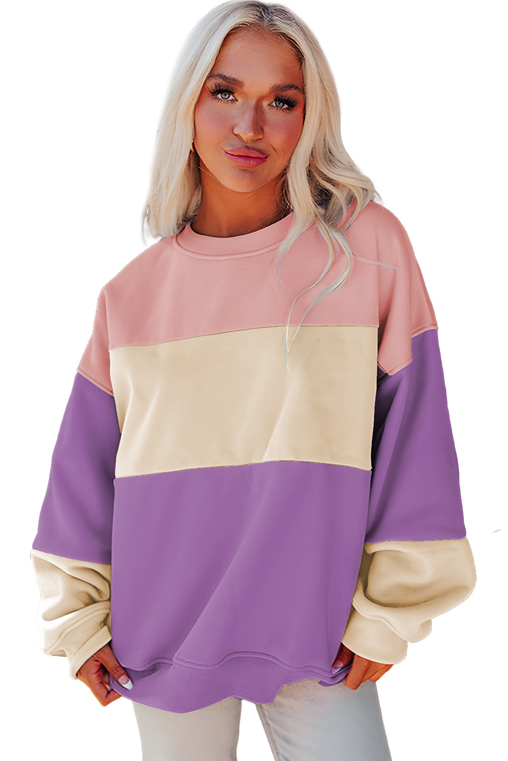 Cali Chic Women Sweatshirt Blossom Color Block Patchwork Drop Shoulder Pullover